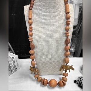 Handcrafted Wooden Bead Necklace with Elephant Charms